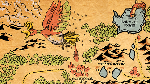 Lord of The Rings style map featuring Ho-Oh and Gyarados as well as Mt. Mortar and Ecruteak City